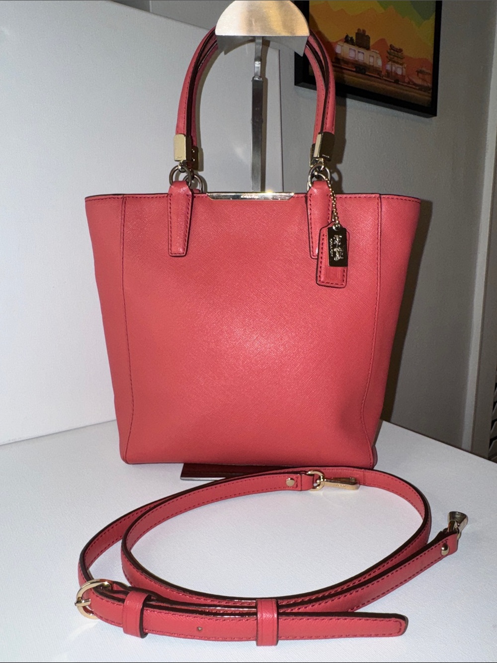 Coach Coral Red Leather Mini Tote with Gold Hardware